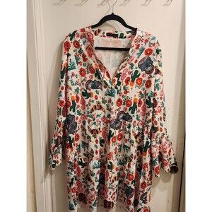 Emery Rose Women’s Size Large‎ V-Neck Midi Flower Tunic Dress Flare Long Sleeve